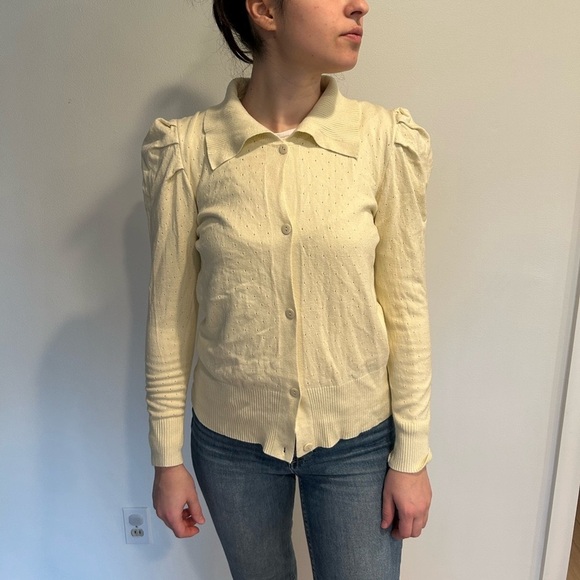 NWT Ember wide collar puff sleeve button down cream cardigan M - Picture 2 of 9